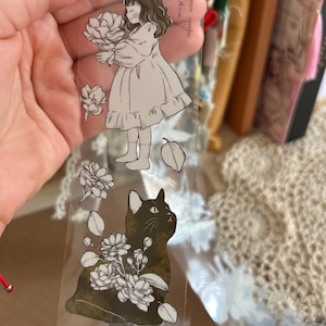 Esempio di nastro adesivo in PET con ragazza dei fiori e gatto vintage | corsa da 150 cm