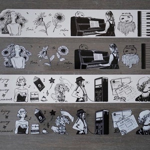 Black Rainbow V lab PET tape sample | black & white washitape girl sticker for scrapbooking journaling