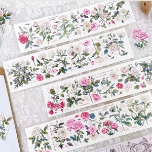 Vintage pink white rose PET tape sample | 100 cm loop | decorative scrapbook journaling collage sticker