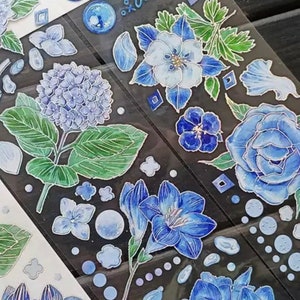 Blue shiny flower pet tape sample | scrapbook junkjournaling stationery | 140 cm loop