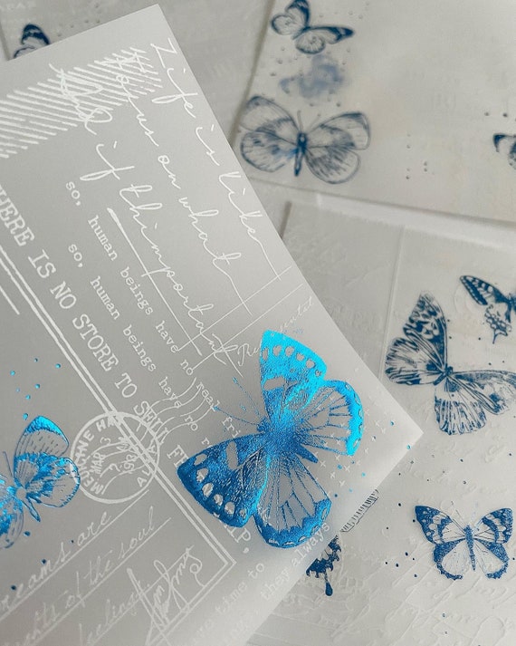5 Sheets Butterfly Flowing Velum Paper Blue Scrapbook Junk Journaling Paper  Bundle 