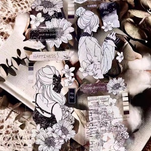 Muestra de cinta PET vintage en blanco y negro Hola chicas | papelería creativa para diario