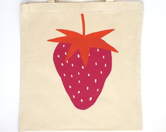 Screen printed strawberry tote bag | Cotton printed bag | Screen printed tote bag | Screen printed shopper | reusable shopping bag