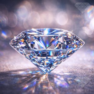 May include: A large, clear diamond with many facets, reflecting light in a spectrum of colors. The diamond is set against a blurred, shimmering background, creating a sense of luxury and brilliance. The gemstone is a symbol of beauty and value.