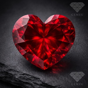 Può includere: Una gemma rosso scuro a forma di cuore e sfaccettata. La gemma è posta su una superficie scura e strutturata. Le sfaccettature catturano e riflettono la luce, creando un'esposizione brillante. Il logo "GEMEU" si trova negli angoli in alto a destra e in basso a destra.