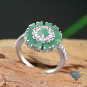 Natural Emerald & CZ 925 Sterling Silver Green Gemstone Ring Size 8.75 US