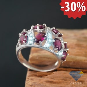 Rhodolite & CZ Ring 8.25 Natural Garnet 925 Sterling Silver Pink Gemstones Ring 8.25 US