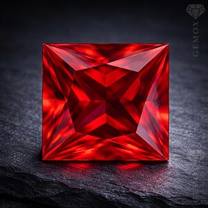 May include: A square-cut, faceted, brilliant red gemstone. The gem has a symmetrical design with sharp angles and a reflective surface. The gemstone is set against a dark, textured background, enhancing its vibrant colour and brilliance.
