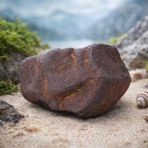 May include: A large, reddish-brown rock with an irregular shape sits on sand. The rock has a rough, textured surface. The background shows blurred greenery, rocks, and a distant mountain range, creating a natural scene.