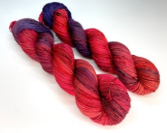 CRIMSON SUNBIRD, Fingering, DK, Superwash, Red, Purple, Black, Pink, Speckled, Variegated,Hand Dyed Yarn