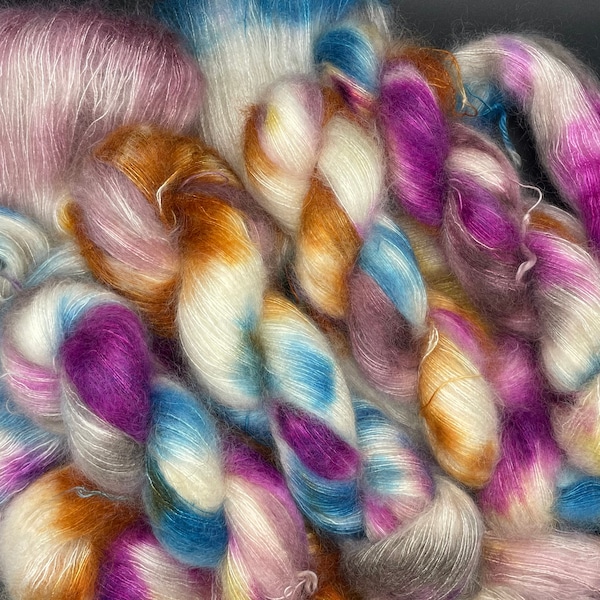 MELODY, Dreamy Mohair, Silk, Lace weight, Indie Dyer, Single Ply, Tan, Blue, Pink, Gold,  Variegated,Hand Dyed Yarn