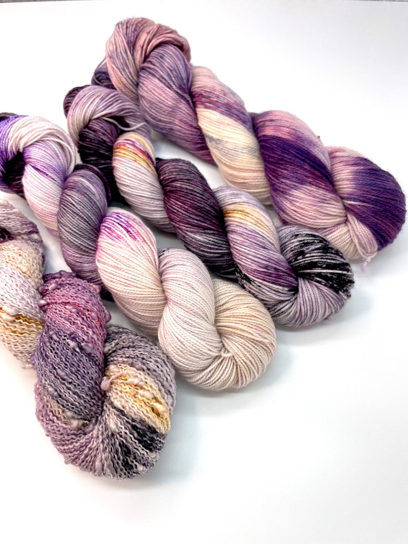 Birthstone Collection FEBRUARY-AMETHYST,4 Base Options, Speckled,Variegated, Indie Dyer, Lavender, Purple, Pink, Toffee, Grey,Hand Dyed Yarn image 1