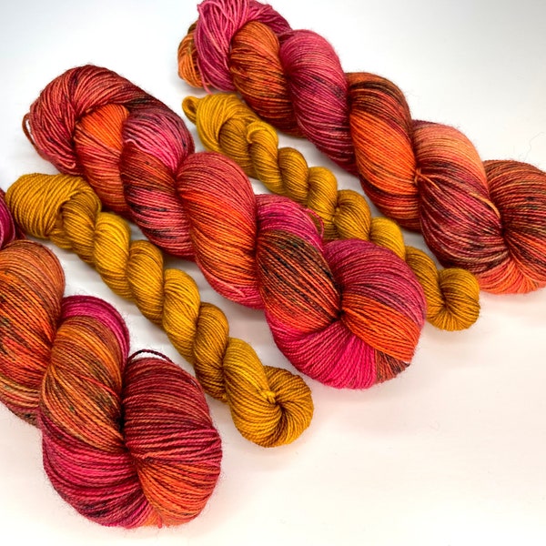 BLISS,  Sock Set, Full Skein of Fingering plus 1  Mini Skein, Superwash, Red, Orange, Ochre, Variegated,Hand Dyed Yarn