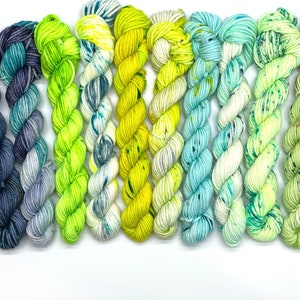 MALIBU SUMMER,  10 Mini Skeins, DK weight, Navy, Chartreuse, Yellow, Green, White, Speckled, Hand Dyed Yarn