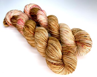 BROILED PEACH,  8-Ply Cabled Construction, DK Yarn, Indie Dyer, 100% Superwash Merino Wool, Golden Brown, Pink, Yellow,Hand Dyed Yarn