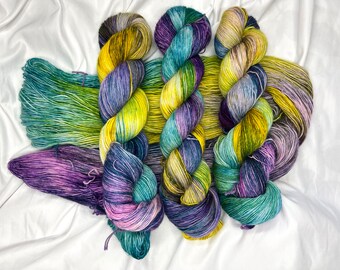 POPSICLE TOES, Superwash, Single Ply, Variegated, Blue, Teal, Yellow, Purple, Indie Dyer,