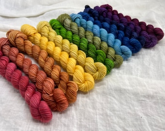 KNIT a RAINBOW, 12 Mini Skeins, Fingering Weight Yarn or DK weight, Rainbow Colors,Hand Dyed Yarn