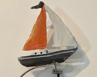 kinetic sculpture - handmade - metal - rustic patina- fun - Sailboat -  motion