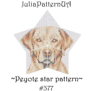 May include: A beige and brown peyote star pattern beading project featuring a Labrador Retriever dog's face. The pattern is labeled "Peyote star pattern" and "#377".
