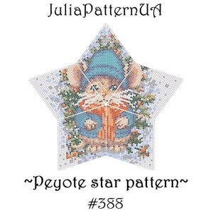 May include: A blue and white star-shaped peyote stitch pattern featuring a mouse wearing a blue hat and holding a book. The pattern is labeled "~Peyote star pattern~ #388".