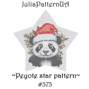 May include: A white star-shaped beading pattern featuring a panda wearing a red Santa hat. The panda is surrounded by green and red holly. The text "~Peyote star pattern~ #373" is below the star.