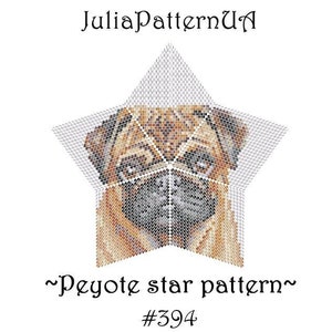 Può includere: Un motivo di perline a forma di stella che rappresenta il viso di un carlino beige e marrone. Il motivo è chiamato "Peyote star pattern" ed è numerato #394.