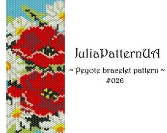 Daisies and Poppy Odd count peyote bracelet patterns PDF Flower beaded bracelet patterns DIY Seed bead patterns