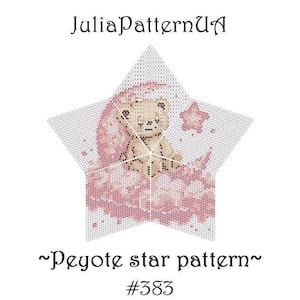 Teddy bear on the moon 3D Peyote star pattern PDF Girl nursery decor Beaded star pattern Puffy star Warped square seed bead patterns