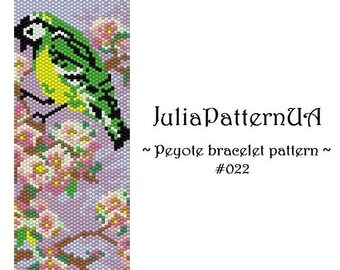 Green bird on a flowering branch Odd count peyote bracelet patterns PDF Tit bird Beaded bracelet patterns DIY Seed bead patterns