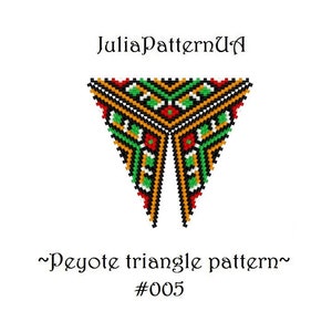 May include: A geometric triangle pattern for peyote stitch beading, featuring black, red, green, yellow, and white beads. The pattern is labeled "Peyote triangle pattern #005".