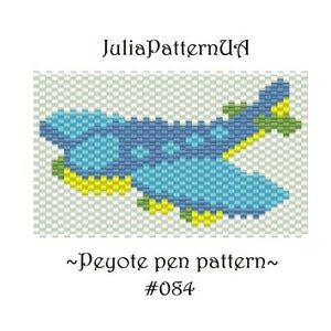 May include: A peyote stitch beading pattern for a blue airplane with yellow and green accents. The pattern is labeled "Peyote pen pattern #084".