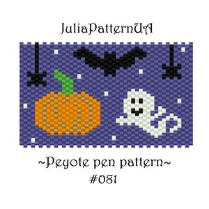 May include: A peyote stitch beading pattern featuring a pumpkin, ghost, and bat on a purple background with white stars. The pattern is titled "Peyote pen pattern #081".