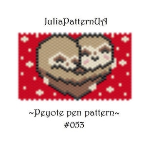 May include: A red beaded heart with two brown sloths hugging inside. The heart is surrounded by white dots on a red background. The text "~Peyote pen pattern~ #053" is below the heart.