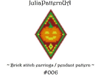 May include: A diamond-shaped brick stitch pattern for earrings or a pendant featuring a smiling jack-o'-lantern with a green, orange, and brown color scheme. The pattern is labeled "JuliaPatternUA #006".