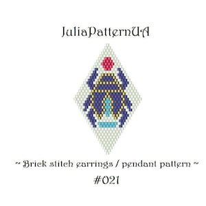 May include: A geometric beading pattern for earrings or a pendant, featuring a blue, gold, and white design with a red bead at the top. The pattern is labeled "Brick stitch earrings / pendant pattern" and "#021".
