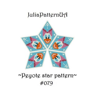 Puede incluir: Un patrón de cuentas en forma de estrella con un diseño de personaje de pato repetido en azul, blanco, rosa y naranja. El texto JuliaPatternUA, ~Peyote star pattern~ y #079 aparece encima y debajo del gráfico de estrella sobre fondo blanco.
