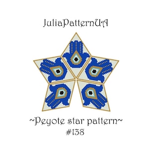 May include: A five-pointed star pattern with a blue and white design, featuring a central eye motif. The text "JuliaPatternUA" and "~Peyote star pattern~ #138" are displayed above and below the star.