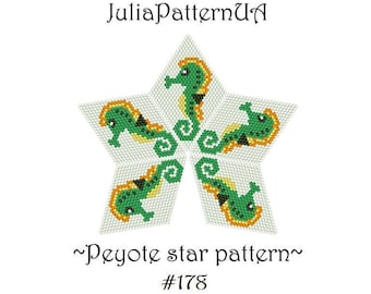 Seahorse 3D Peyote star pattern PDF Beaded star pattern Sea animal DIY Warped square seed bead patterns Peyote stitch puffy star