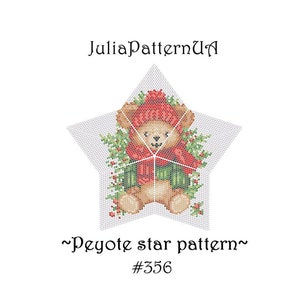 May include: A peyote star pattern featuring a brown teddy bear wearing a red hat and scarf, surrounded by green foliage and red berries. The pattern is labelled "Peyote star pattern" and "#356".