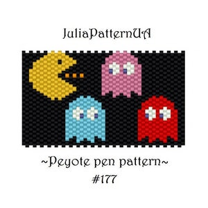 May include: A peyote stitch beading pattern featuring Pac-Man and three ghosts. The pattern is black and white with yellow, red, blue, and pink accents. The pattern is labelled "~Peyote pen pattern~ #177".