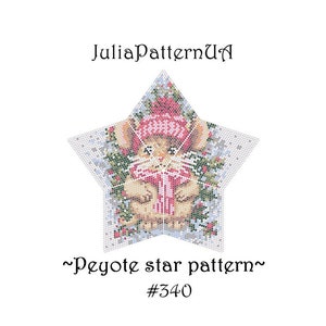 May include: A peyote star pattern featuring a cute mouse wearing a pink hat and scarf. The pattern is called "Peyote star pattern" and is numbered #340.