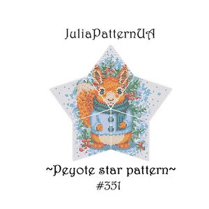 May include: A peyote star pattern featuring a squirrel wearing a blue jacket and scarf, surrounded by green and red foliage. The pattern is labelled "Peyote star pattern" and "#351".