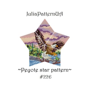 May include: A peyote star pattern beading project featuring an eagle in flight over a lake and forest scene. The pattern is labeled "Peyote star pattern" and "#226".