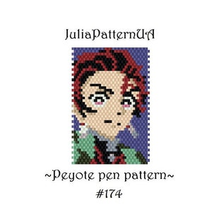 May include: A peyote stitch pattern featuring a character with red hair, green and black clothing, and a blue background. The pattern is labelled "#174" and "~Peyote pen pattern~"