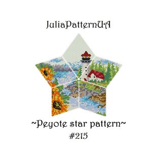 May include: A colourful peyote star beading pattern featuring a lighthouse, a house, and sunflowers. The pattern is labelled "~Peyote star pattern~ #215".