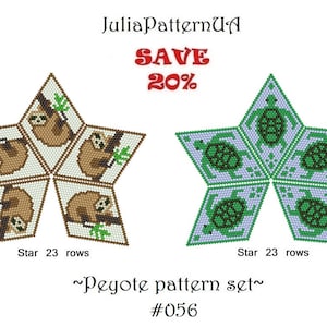 May include: A peyote pattern set #056 by JuliaPatternUA featuring two star-shaped designs. One star displays brown sloths on branches, and the other shows green turtles on a light blue background. Each star consists of 23 rows of beadwork.
