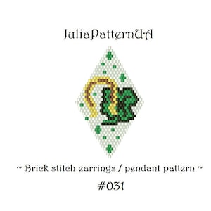 May include: A green four-leaf clover with a gold horseshoe charm, beaded in white, green, and gold.  Brick stitch earrings / pendant pattern #031.