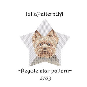 May include: A peyote star pattern beading project featuring a Yorkshire Terrier dog's face. The pattern is numbered #329. The image is from JuliaPatternUA.