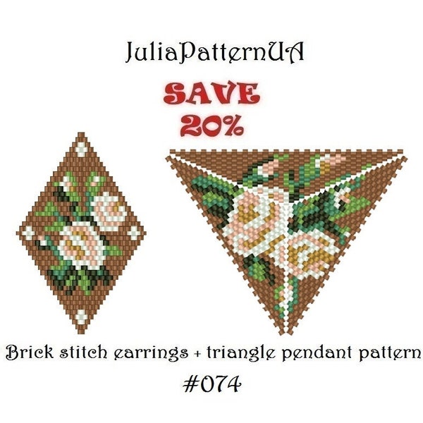 SET Roses Peyote triangle pattern White flower Brick stitch earrings pattern Beaded triangle pendant necklace DIY Seed bead patterns