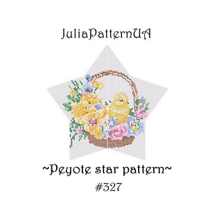 Peut inclure: Un motif de point de peyote en forme d'étoile représentant un panier de poussins jaunes et de fleurs. Le motif est intitulé "~Peyote star pattern~ #327".
